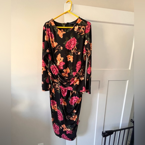 XL touched front midi length black dress with floral print - Picture 1 of 3